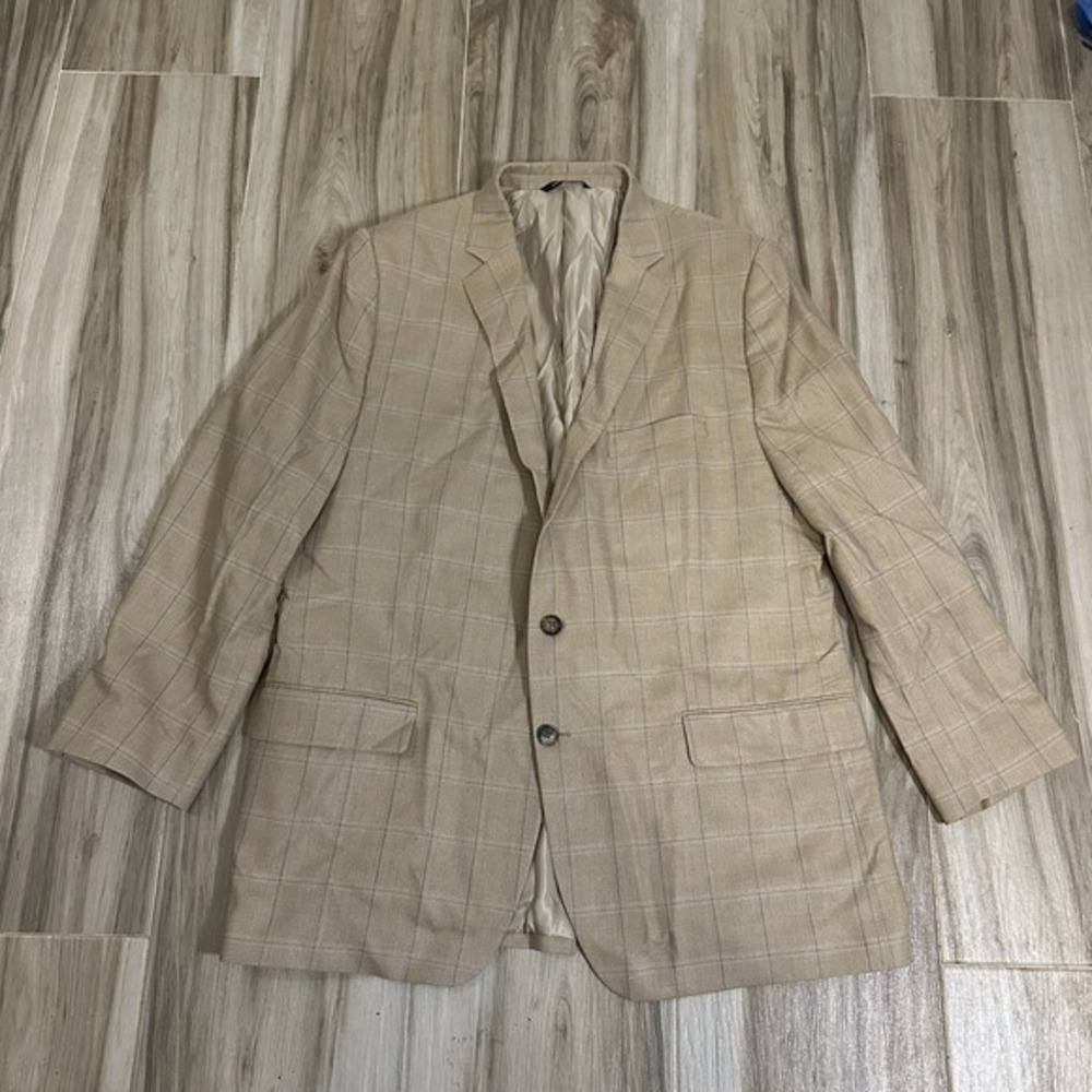 VTG Ralph Ralph Lauren Beige Windowpane Silk Wool 2-Button Blazer 48R Career
